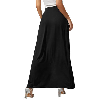 Combhasaki Women’s Summer Boho Maxi Skirt – Elastic High Waist Solid Color Side Slit Loose Fit Beachwear