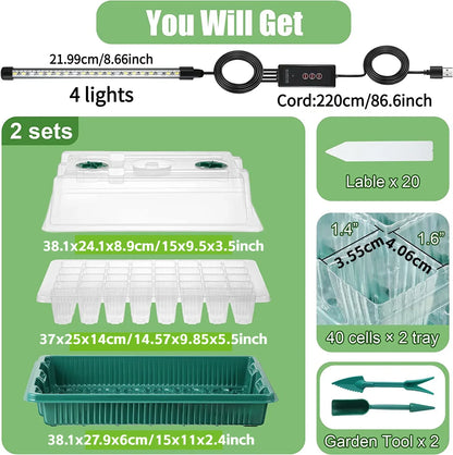 Seed Starter Trays with High Dome Germination Kit - 2 Packs, 80 Cells, 4 LED Grow Lights, Smart Timer & 3 Modes for Home Garden