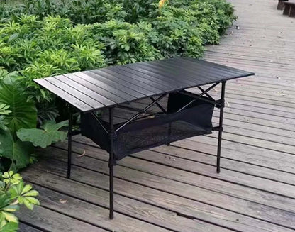 Outdoor Folding Long Table – Portable Black Camping Desk with Net Bag, Easy Setup & Stable for BBQs