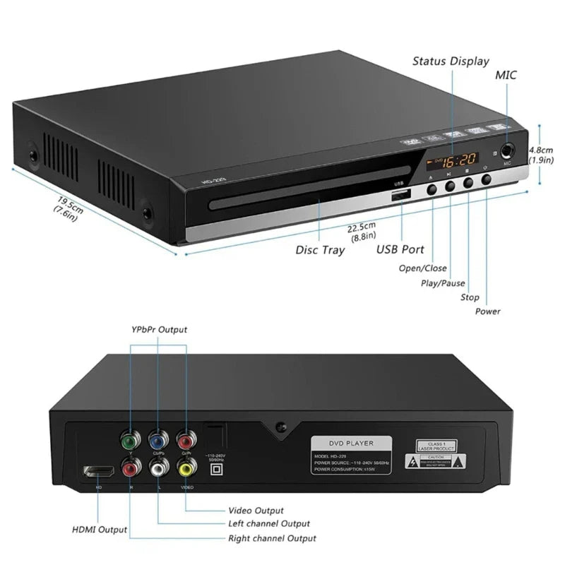 DVD Player VCD CD Multimedia Machine – HDMI-Compatible with AV Output, Remote Control & AV Cable