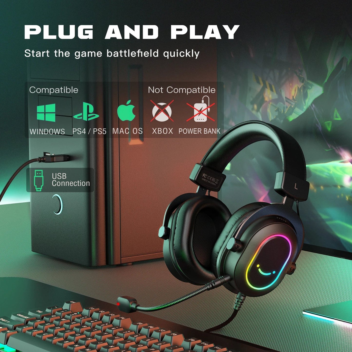 Fifine RGB Dynamic Gaming Headset — Over-Ear Mic Headphones with 7.1 Surround Sound & 3 EQ Modes for PC, PS4, PS5, Games & Music