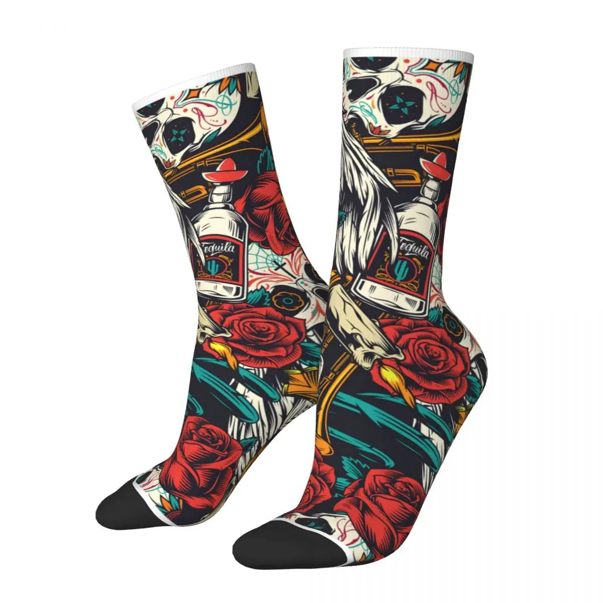 Funny Men’s Socks – Mexican Skull Vintage Harajuku Skeleton Hip Hop Crew Socks with Printed Pattern