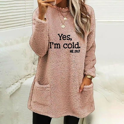 Women's Oversized Fleece Sweatshirt - Letter Print Pocket Long Sleeve Cozy Pullover
