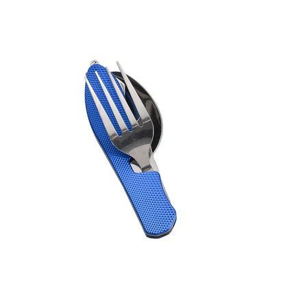 Portable Stainless Steel Camping Cutlery Set – Foldable Spoon, Fork, Knife & Bottle Opener Multitool