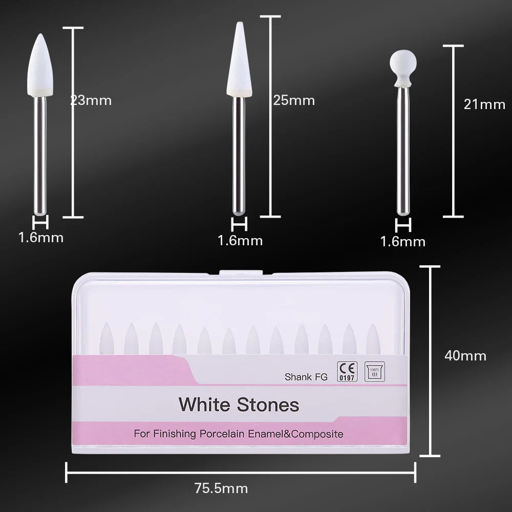 AZDENT White Stone Polishing Burs Kit – Flame, Cone & Round Shapes for Porcelain, Enamel & Composite Resin
