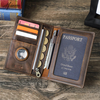 Genuine Cow Leather Passport Holder with AirTag Case – RFID Blocking Travel Wallet with Pen, Card Holder & Anti-Lost Pocket
