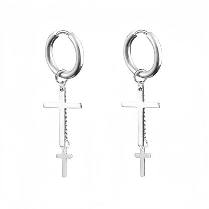 Long Hanging Cross & Leaf Hoop Earrings – Vintage Stainless Steel Hip Hop Unisex Jewelry Accessories