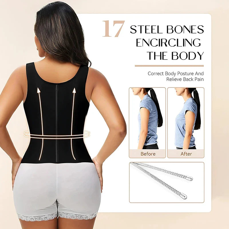 Double Compression Waist Trainer Corset – 17 Steel Bone Body Shaper Vest Bra, Flat Belly Slimming Fajas Colombianas