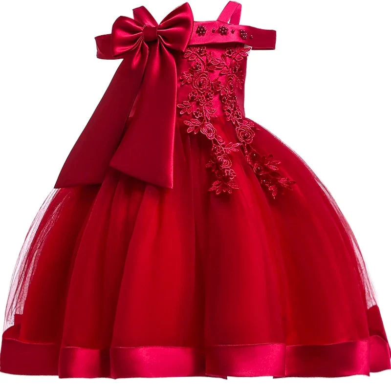 Girls’ Christmas Party Dress - Elegant Appliqué Flower Bow Gown for Weddings, Birthdays & Prom Ages 3–10