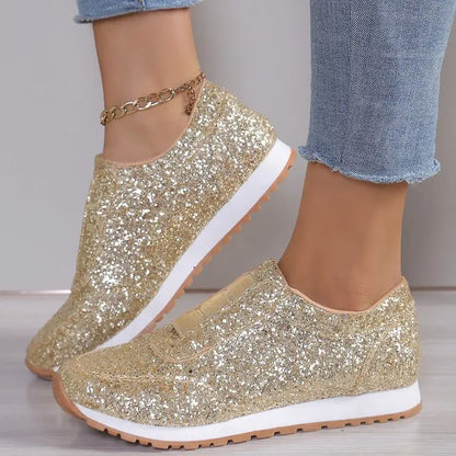 2024 Autumn Women’s Slip-On Low Heel Sneakers – Gold & Silver Casual Outdoor Walking Sport Shoes