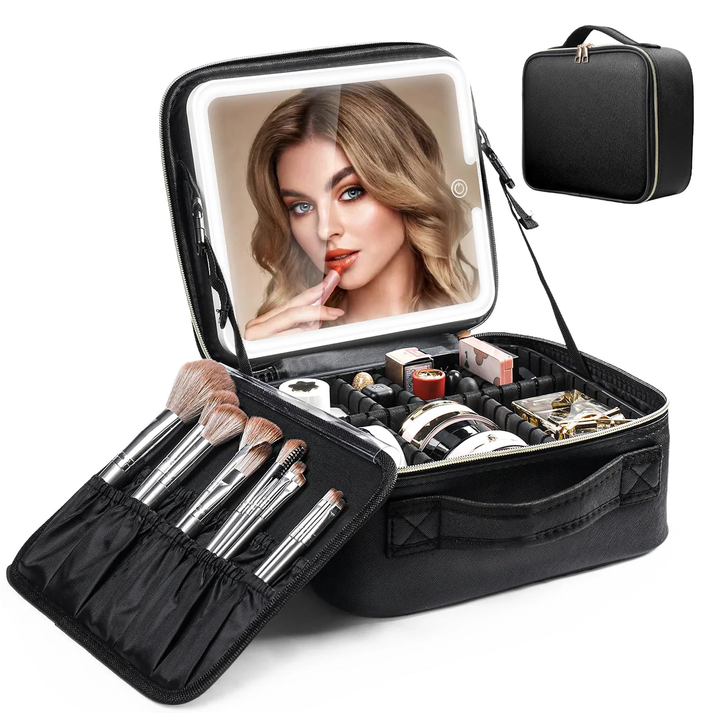 Travel Makeup Bag with LED Mirror — Makeup Train Case with Adjustable Dividers for Home, Gift & Vacation