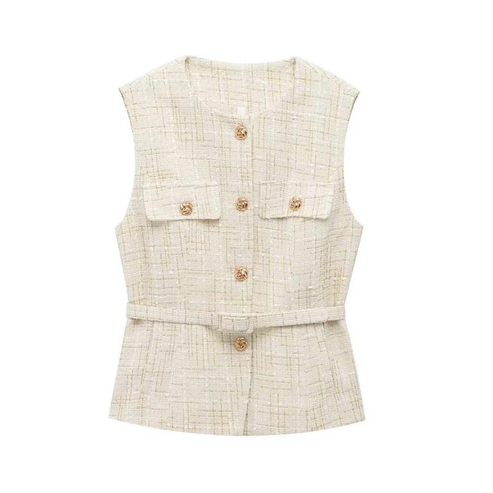 TRZA Women’s Tweed Waistcoat — Sleeveless O-Neck Top with Belt & Front Buttons, Chic Fashion Outerwear