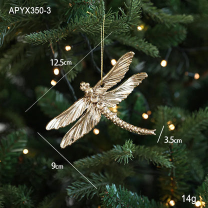 Christmas Tree Ornaments – Gold Plastic Balls with Butterfly, Dragonfly, Angel & Snowflake Decorations