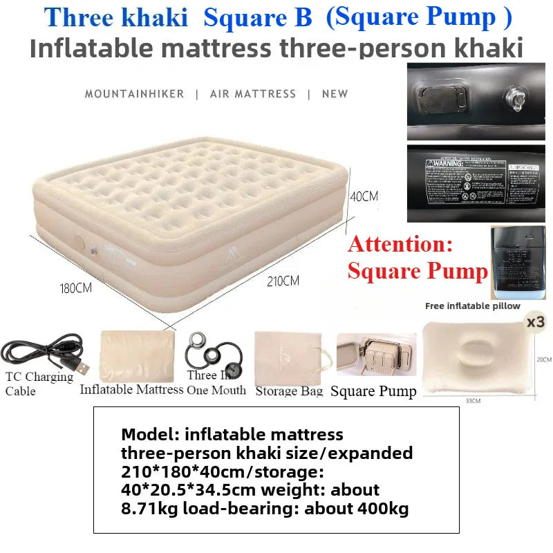 MOUNTAINHIKER 2025 Inflatable Air Mattress – PVC Glamping Sleeping Mat with Built-in Pump for 1-3 Persons