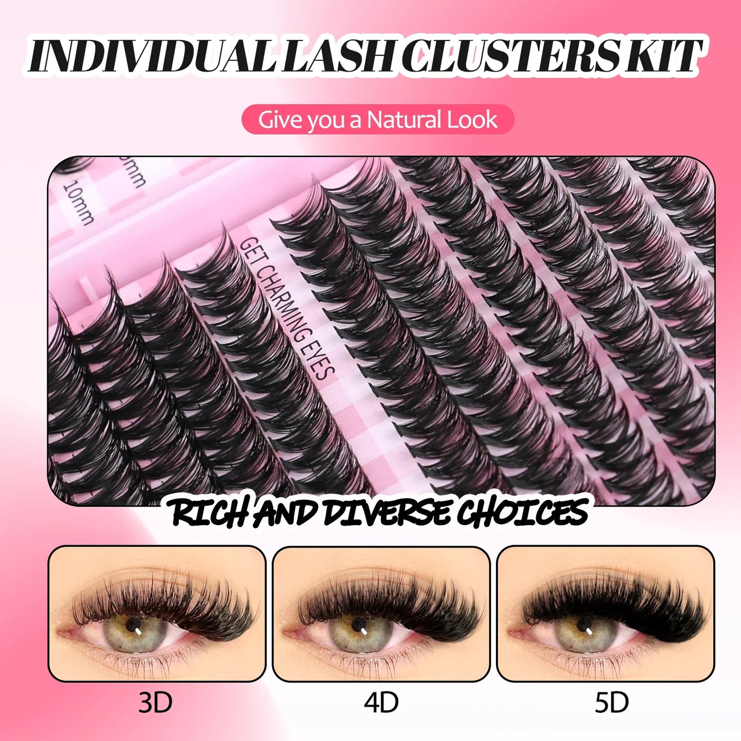GROINNEYA DIY Mixed Lash Clusters Set – Fluffy Individual Lash Extensions Kit with Bond & Seal for At-Home Makeup