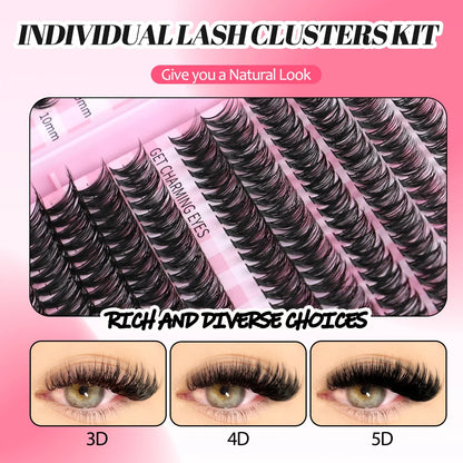 GROINNEYA DIY Mixed Lash Clusters Set – Fluffy Individual Lash Extensions Kit with Bond & Seal for At-Home Makeup