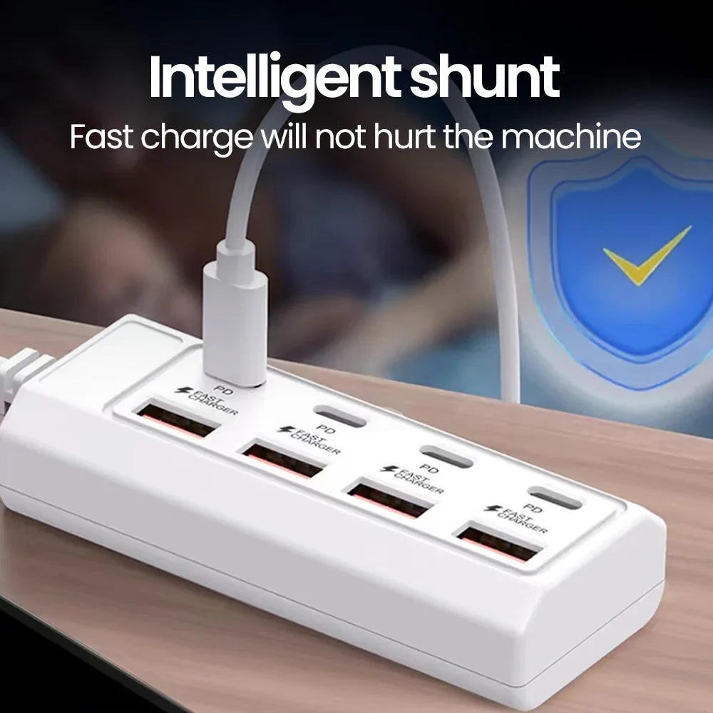 8-in-1 USB Power Outlet Adapter - 25W Fast Charging Docking Station with USB Splitter & Extension Socket