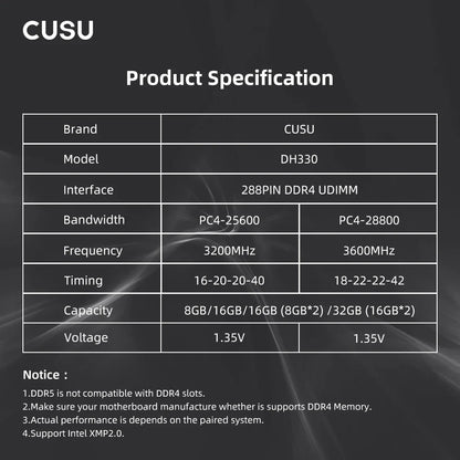 CUSU DDR4 RAM 8GB 16GB 3200MHz 3600MHz Desktop Memory 288-Pin UDIMM XMP 2.0 Heatsink for Motherboard