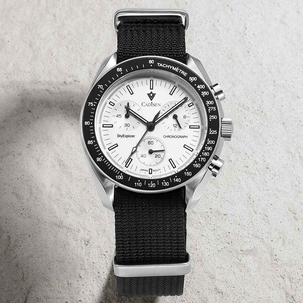 CADISEN Men's Luxury Watch – Quartz VK68 Chronograph, Sapphire AR Crystal, Canvas Strap Speed Style Wristwatch