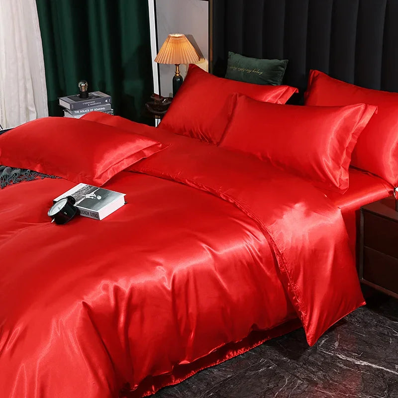 Silk Bedding Set With Duvet Cover - Luxury Satin Bed Sheet Pillowcase Set Solid Color King Queen Twin Size