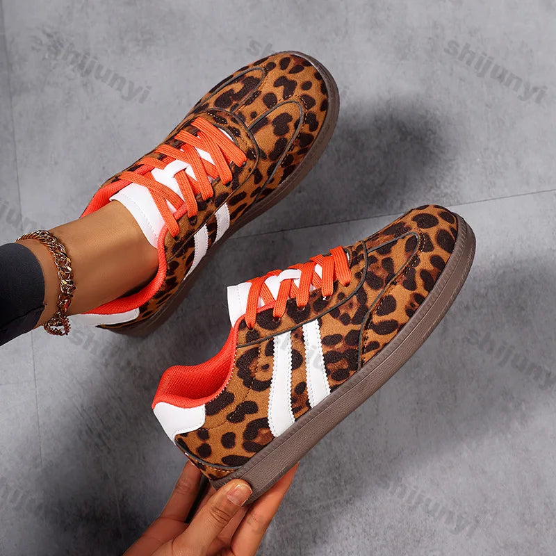 Women’s 2025 Leopard Print Sneakers – Fashionable Outdoor Lace-Up Casual Shoes, Lightweight Comfortable Non-Slip Flats