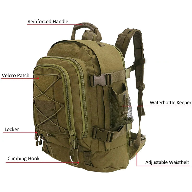 65L Tactical Outdoor Backpack — Large Capacity Military Hiking & Camping Rucksack for Men