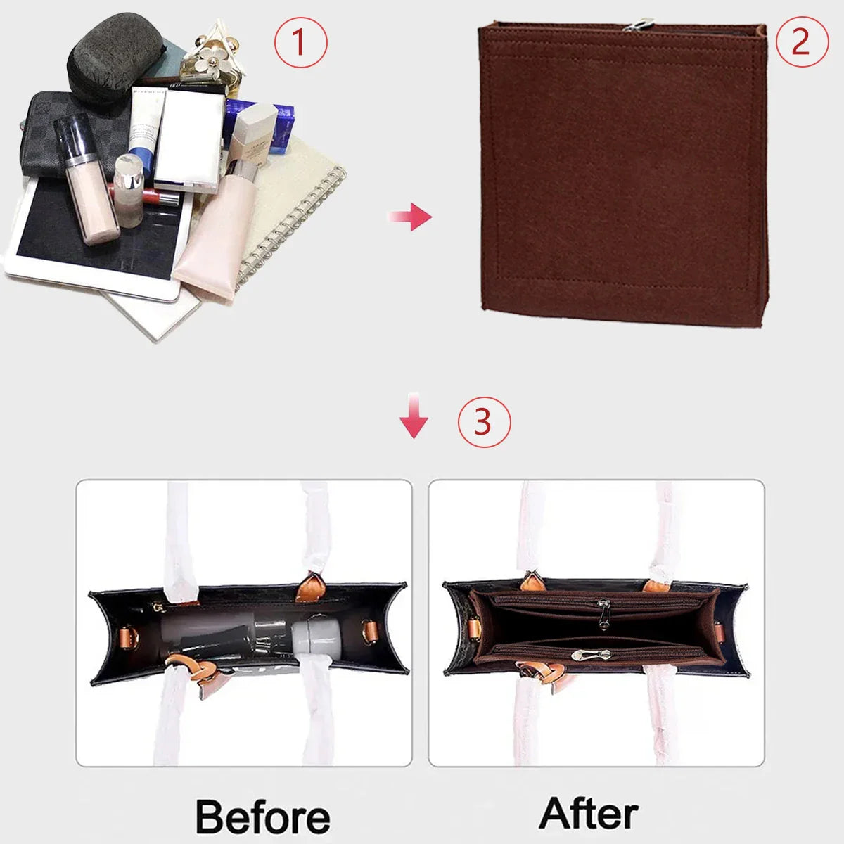 Vertical Tote Insert Organizer — Felt Liner with Pockets for Wallets, Cosmetics & Handbag Storage