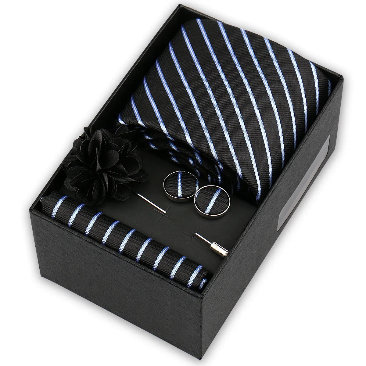 Men’s 4-Piece Tie Set Gift Box - Elegant Necktie with Handkerchief, Cufflinks & Brooch for Business, Wedding & Suit Accessories