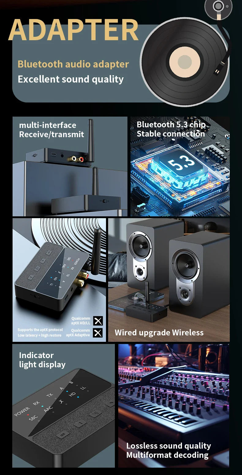 Qualcomm Bluetooth 5.3 aptX/HD/LL Audio Adapter | 3.5mm AUX, R/L Wireless Stereo Receiver & Transmitter for Dual Bluetooth Device Connection