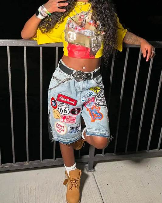 Unisex Y2K Rock Hip Hop Patchwork Denim Shorts – Retro Cartoon Pattern Baggy Casual Basketball Fitness Shorts