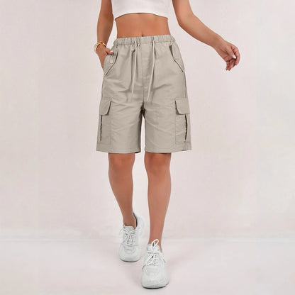 Women’s High-Waisted Cargo Shorts - Loose Straight-Leg Drawstring Sports Shorts with Multiple Pockets