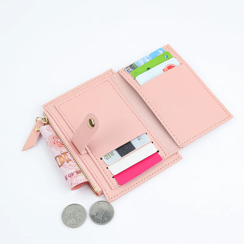 Women’s PU Leather Mini Wallet — Slim Hasp & Zipper Purse, Multi-Card Holder with Coin Pocket, Small Solid Short Wallet