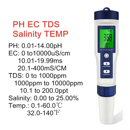 5 in 1 PH Meter Water Quality Tester - Digital TDS, EC, PH, Salinity & Temperature Meter for Pools & Aquariums with Backlight