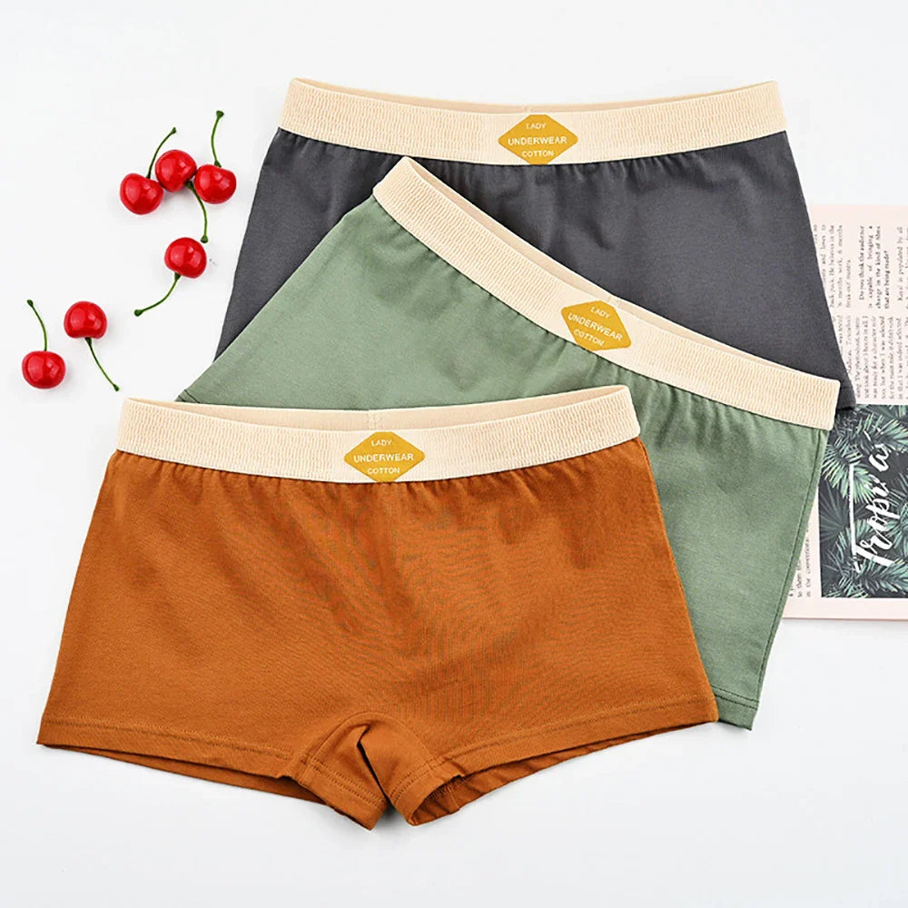 3PCS Women’s Cotton Boxer Underwear — Multicolor Solid Breathable Knit Panties, Soft High-Elastic Mid-Rise Boyshorts