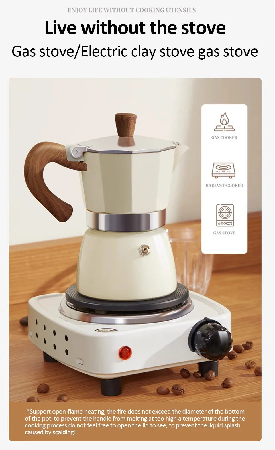 Vintage Wooden Handle Moka Pot – Classic Italian Espresso Maker 150ml/300ml for Home & Cafe Use