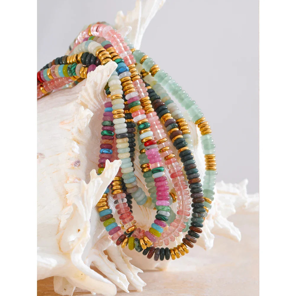 Yhpup Colorful Natural Stone Bead Necklace – Handmade Y2K Stainless Steel Waterproof Chain Jewelry for Women