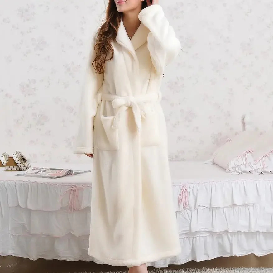 Coral Fleece Long Robe Kimono – Warm Flannel Winter Bathrobe, Casual Sleepwear & Homewear