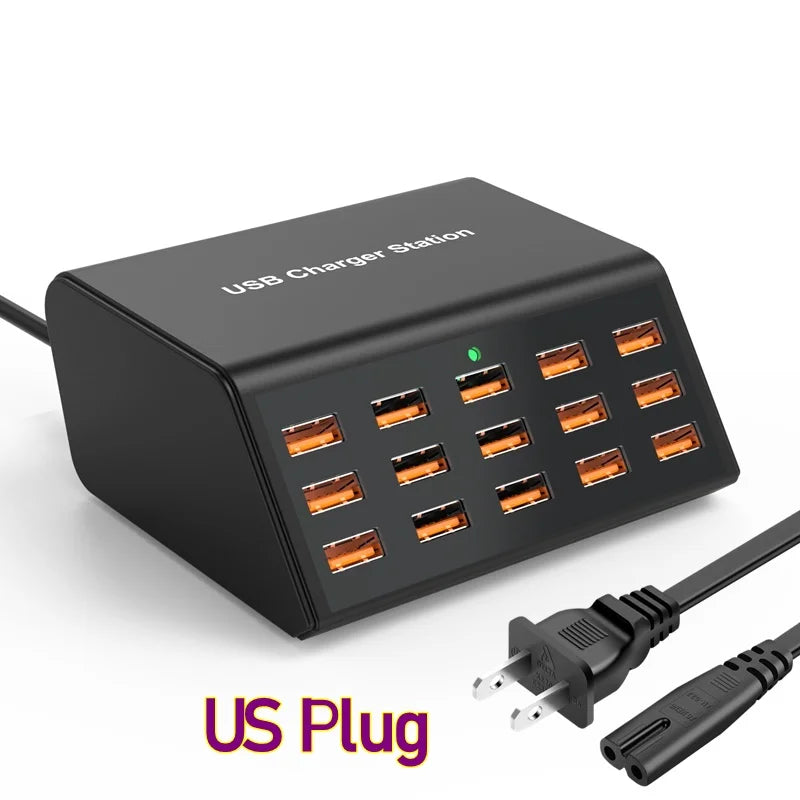 100W Desktop USB Charger — 15-Port Fast Charging Station for iPhone, iPad & Samsung Tablets