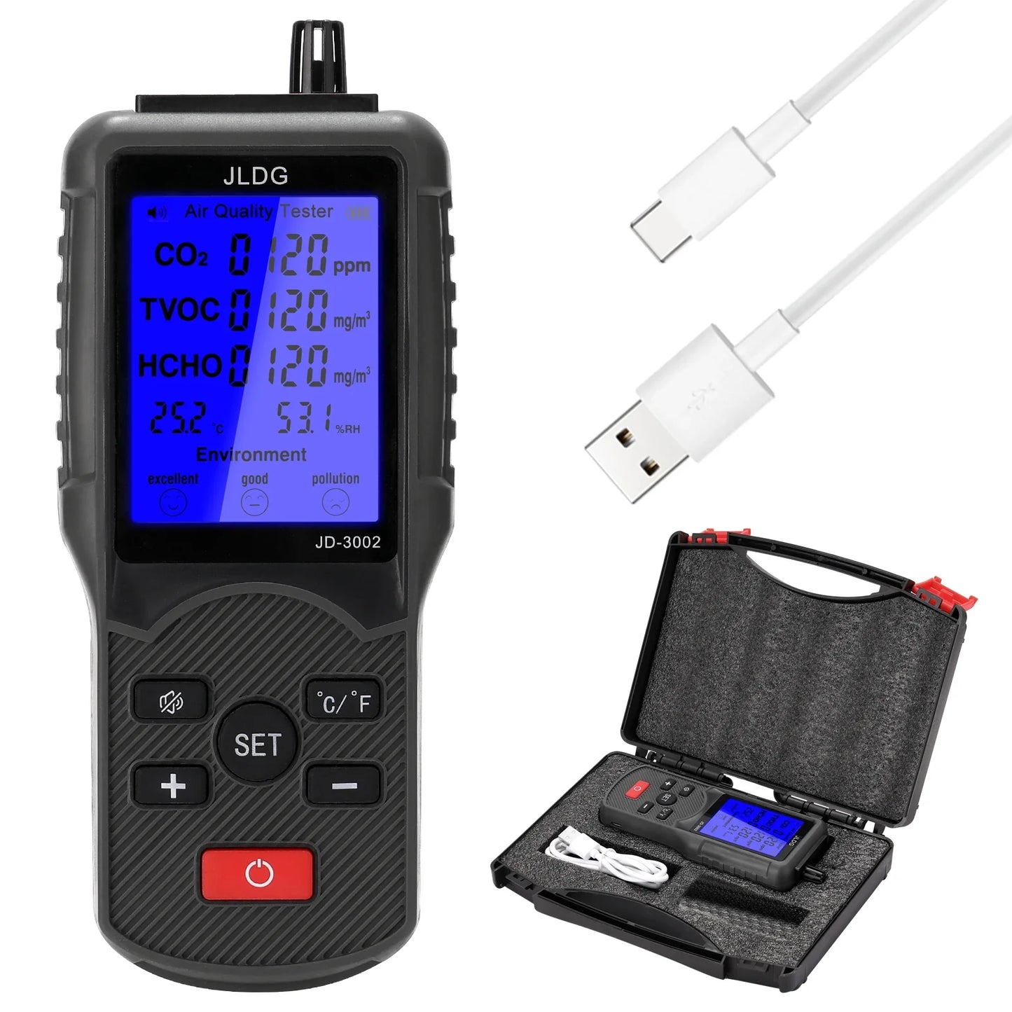 8-in-1 Air Quality Tester – CO2 Meter and Gas Analyzer with TVOC, Temperature, Humidity, and Carbon Dioxide Sensor