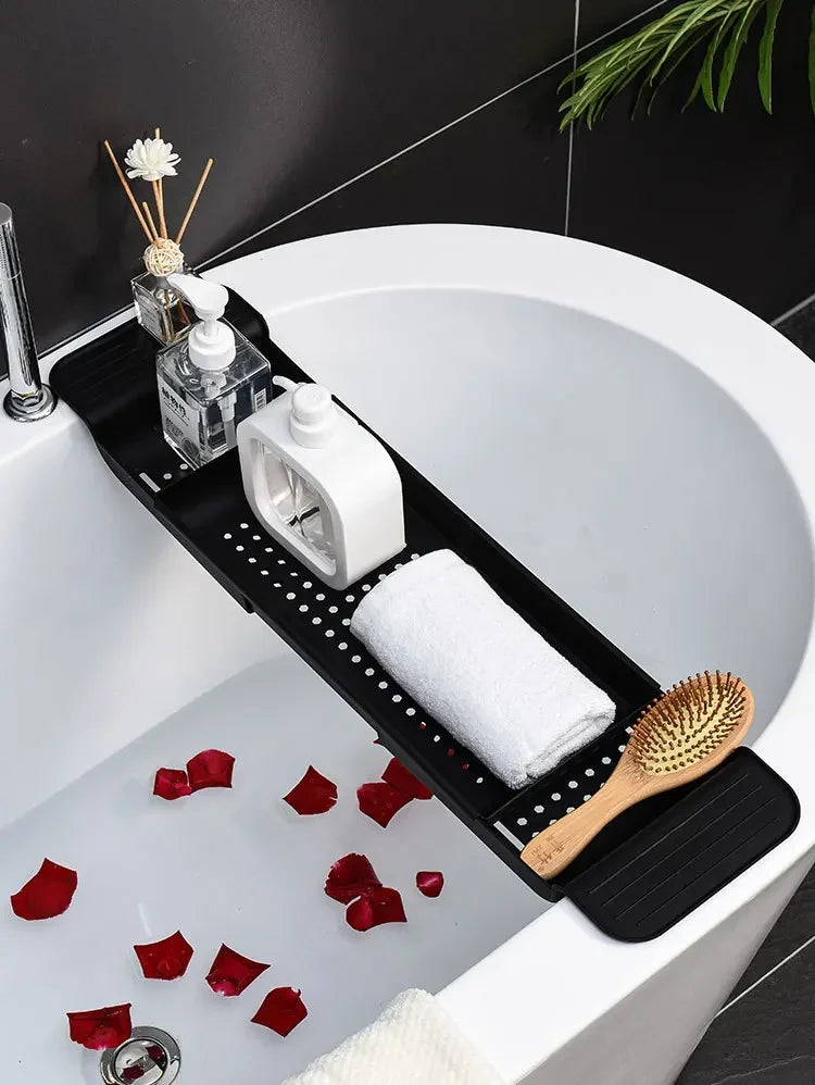 Extendable Bamboo Bathtub Shelf – Bathroom Tray & Shower Caddy for Towel, Book & Storage Organizer