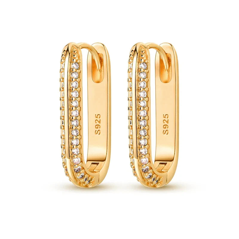 2024 New 925 Sterling Silver Rectangular Hoop Earrings with Zircon - Golden Luxury Wedding Gift for Women
