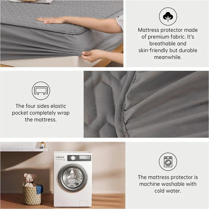 Waterproof Mattress Protector - Soft Breathable Fitted Bed Cover with Washable Printed Bedding Protection