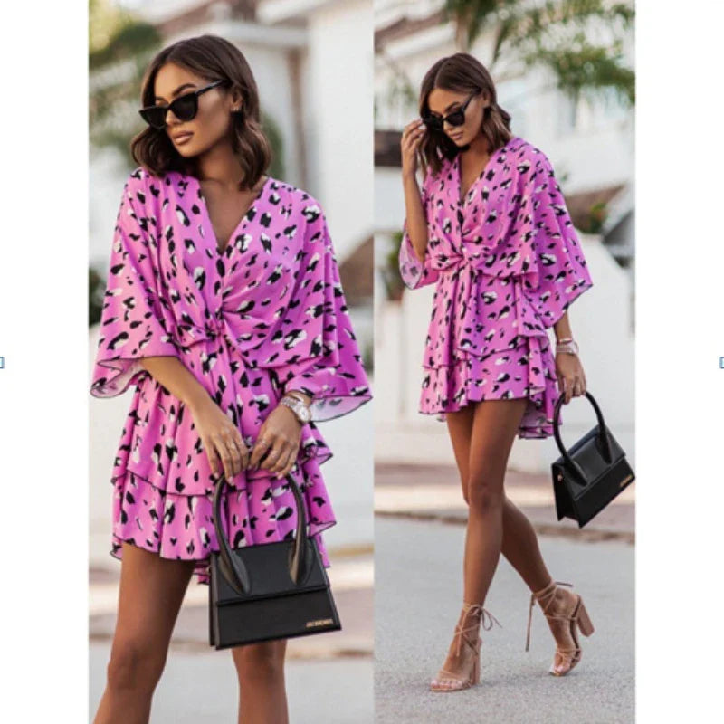 Women’s Sexy V-Neck Ruffle Mini Dress – Summer Boho Floral Batwing Sleeve Beach Party Dress