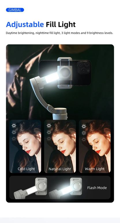 TOKQI M01 3-Axis Handheld Gimbal Stabilizer – Anti-Shake Foldable Holder, Selfie Tripod with Fill Light for iPhone & Smartphones