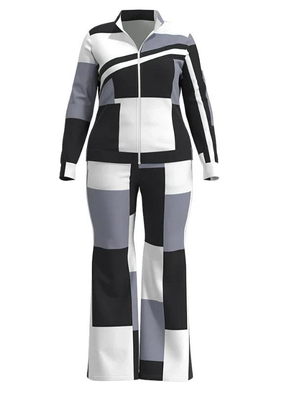 Women’s 2023 Autumn Two-Piece Set – Geometric Print Stand Collar Zip-Up Top & Casual Sporty Pants