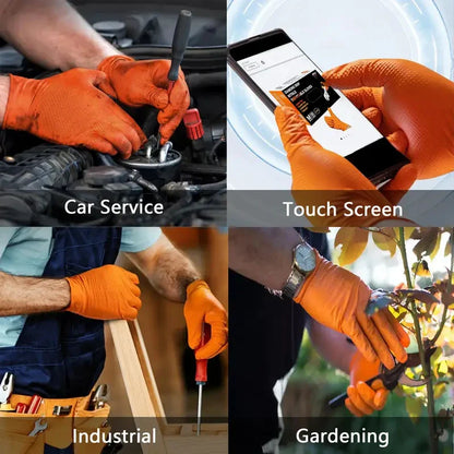 Heavy Duty Orange Nitrile Gloves 8Mil – Industrial Disposable Work Gloves with Diamond Grip for Mechanic Safety