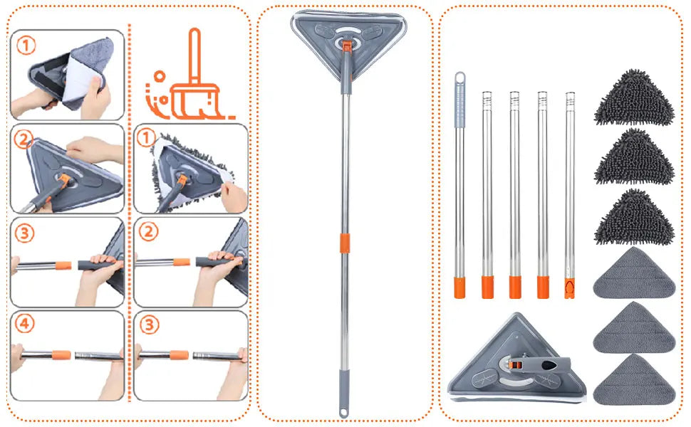 360° Rotating Triangle Wall Mop | Long Handle Adjustable Microfiber Mop for Dry & Wet Cleaning | Floor & Wall Dust Cleaner