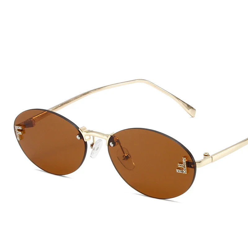 Diamond Letter "F" Rimless Sunglasses | Women’s Luxury Metal Frame Black Oval UV400 Shades
