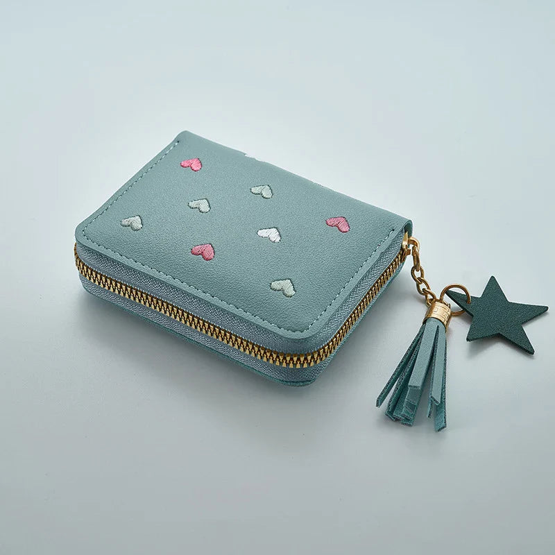 Pu Leather Mini Wallet for Women - Multifunctional Money Clip with Love Embroidery and Certificate Storage