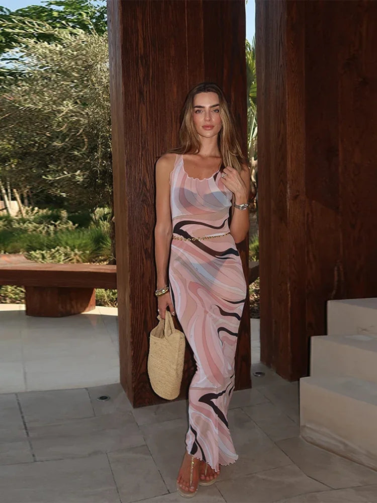 Women’s 2025 Summer Beach Dress – Long Spaghetti Strap O-Neck Dress with Print and Long Sleeves, Fashionable Summer Robe